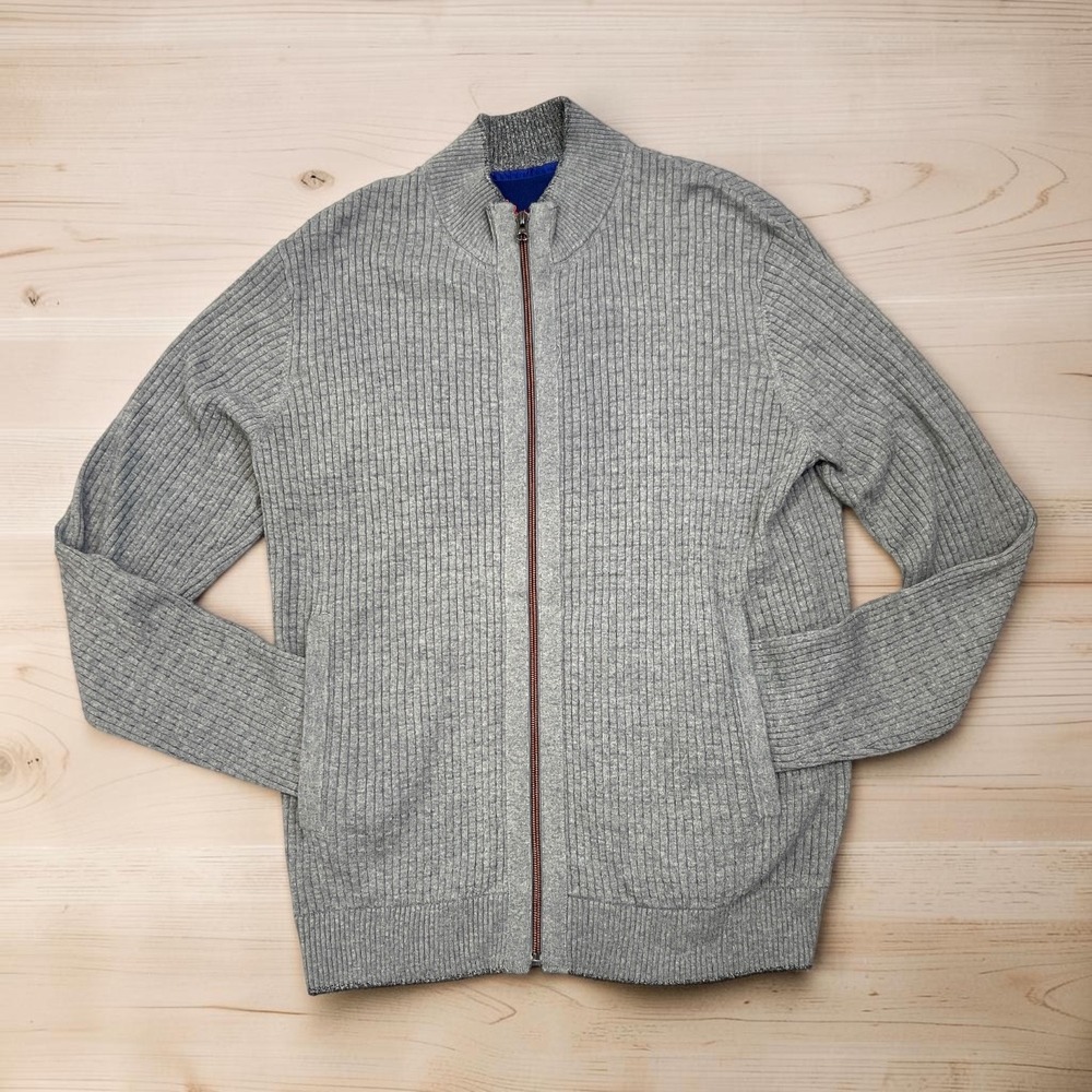 Robert Graham Textured Ribbed Knit Full Zip Cardigan Gray Classic Luxe Layer M